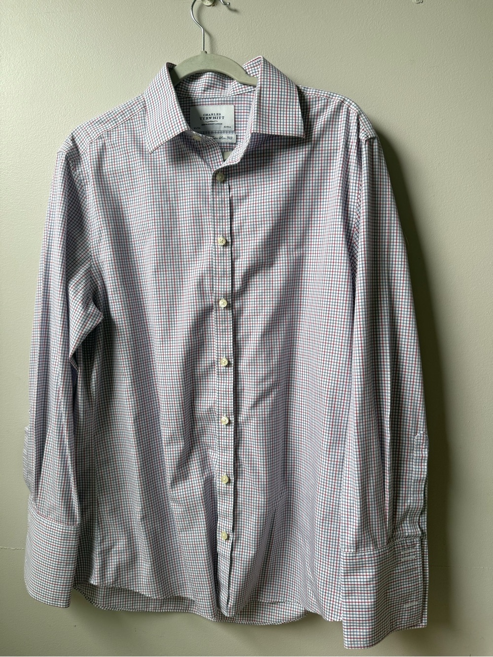 Charles Tyrwhitt Mens dress shirt (L) with French cuffs. Red and blue stripe.